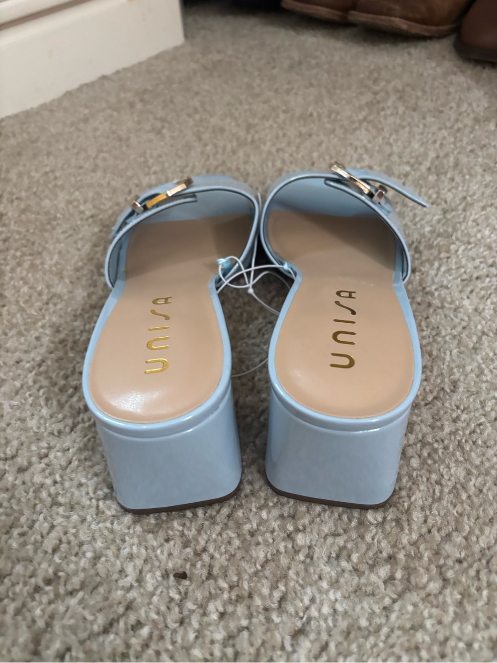 Unisa Light Blue Patent Buckle Block Heel Mules - Picture 3 of 4